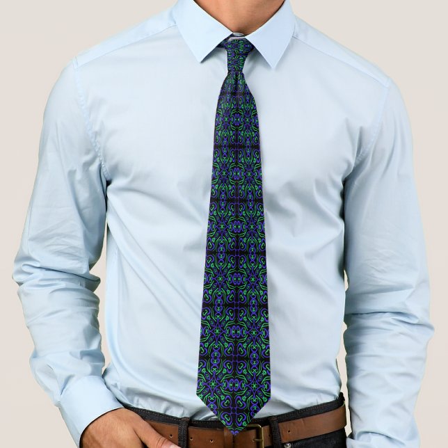 Gravata Padrão de Linha Abstrata em Verde Violeta e Preto (Criador carregado)