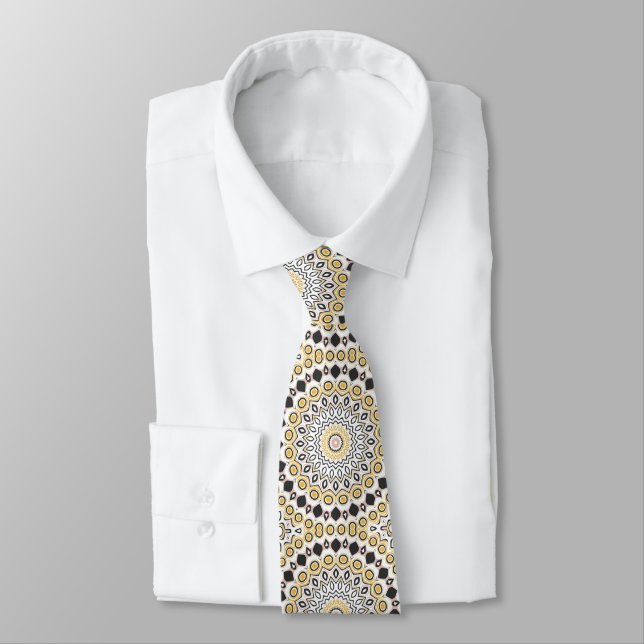 Gravata Padrão de Mandala Dourado e Carvão (Amarrado)