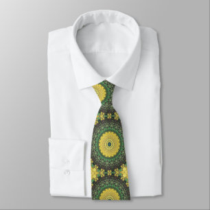 Gravata Padrão de Mandala em Caleidoscópio Amarelo e Verde