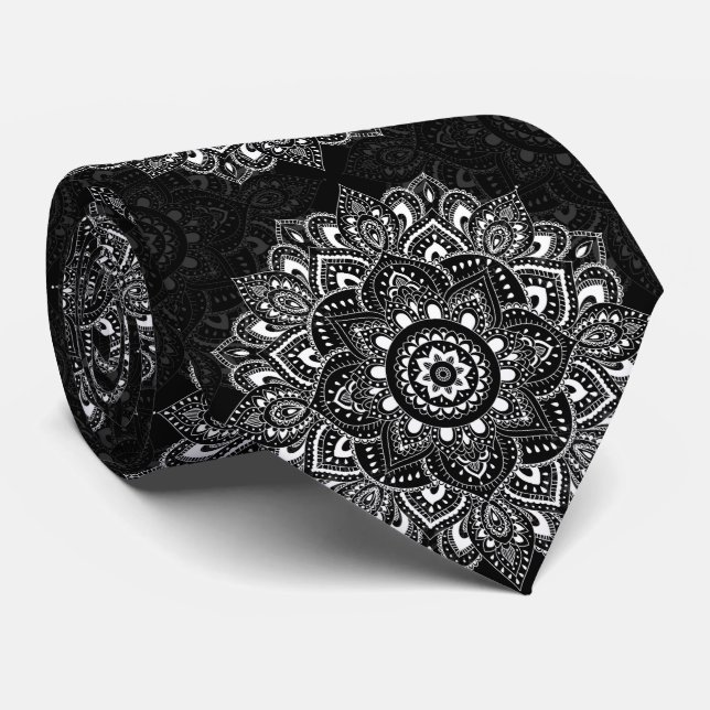 Gravata Padrão de mandala índia espiritual preta (Rolled)