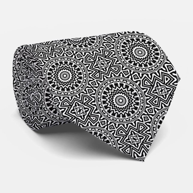 Gravata Padrão de Mandala Preto e Branco Moderno (Rolled)