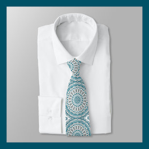 Gravata Padrão de Medalhões Pintados em Azul e Cinza