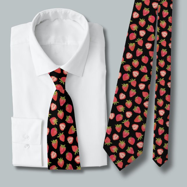 Gravata Padrão de Morango de Verão (Strawberry pattern tie on black)
