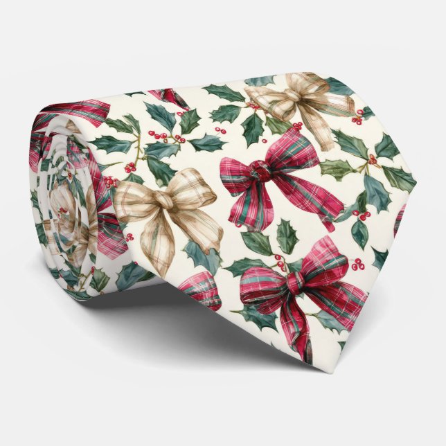 Gravata Padrão de Natal com Laço Festivo e Azevinho (Rolled)