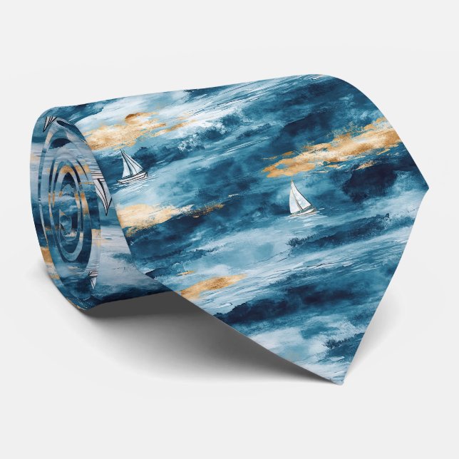 Gravata Padrão de Onda Costeira de Vela Azul Turquesa (Rolled)