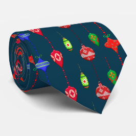 Gravata Padrão de Ornamento de Natal Retro em Azul Marinho