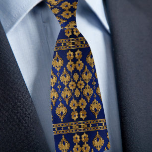 Gravata Padrão de Ornamento Dourado em Safira
