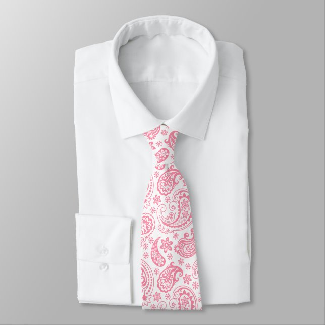 Gravata Padrão de Paisley Floral Rosa e Branco (Amarrado)
