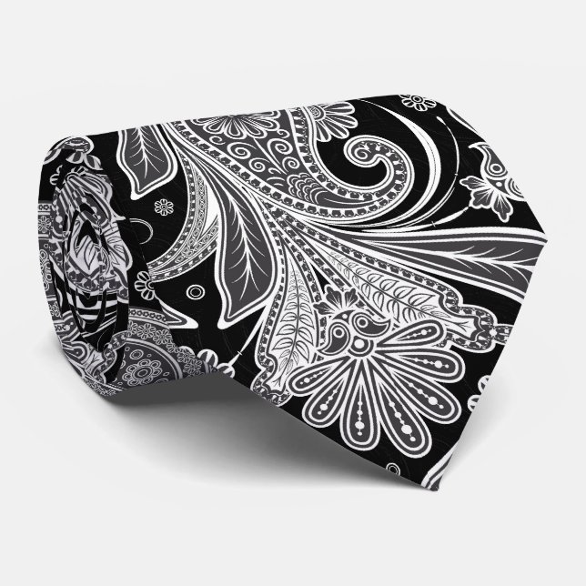 Gravata Padrão de Paisley Preto e Branco Elegante (Rolled)