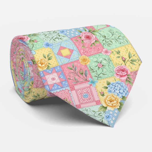 Gravata Padrão de Patchwork de Rosa Romântica (Rolled)