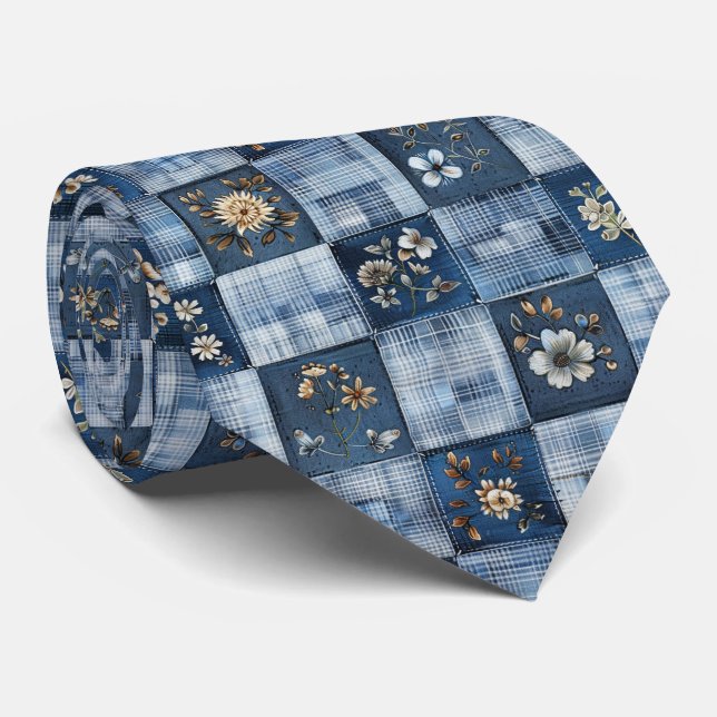 Gravata Padrão de Patchwork Floral | Denim Boho (Rolled)