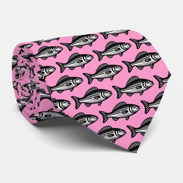 Gravata Padrão de Peixe - Preto e Branco a Rosa (Rolled)