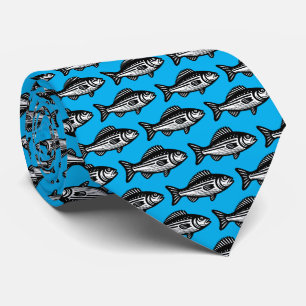 Gravata Padrão de Peixe - Preto e Branco no Azul-Céu