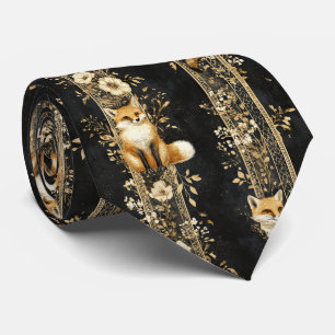 Gravata Padrão de Raposa Botânica Preto e Dourado de Luxo