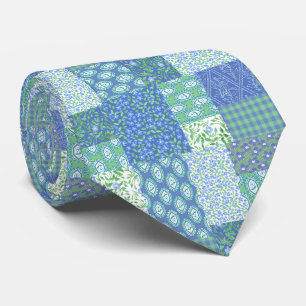 Gravata Padrão de Remendo Falso Floral Boho Azul Vinca
