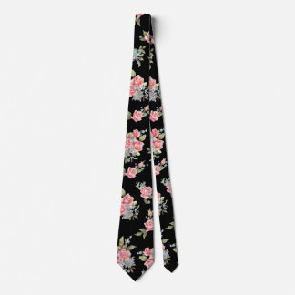 Gravata Padrão de Rosa Floral Preto e Rosa