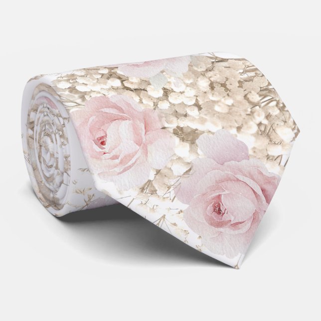 Gravata padrão de rosas cor-de-rosa e gipsófila (Rolled)
