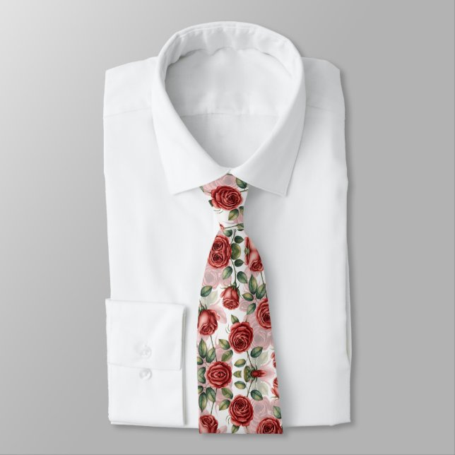 Gravata Padrão de Rosas Românticas Vermelhas (Amarrado)