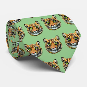 Gravata Padrão de rosto de Tigre Selvagem no Verde Azul