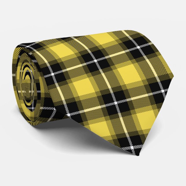 Gravata Padrão de Tartan Xadrez Preta Amarelo (Rolled)