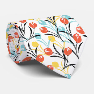 Gravata Padrão de Tulipas Vibrante Design Floral em Branco