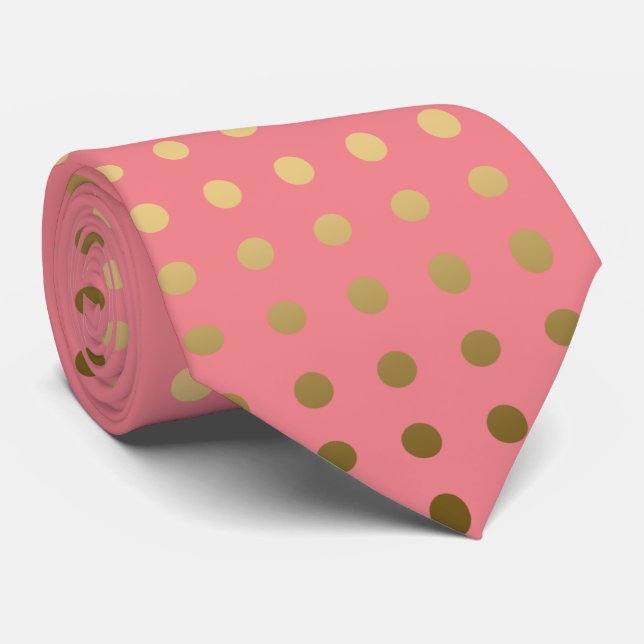 Gravata Padrão Dourado E Rosa Polka-Dot Invisível (Rolled)