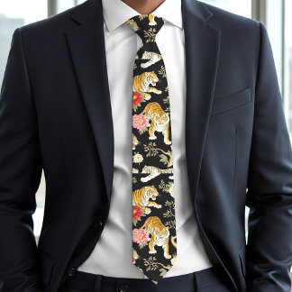 Gravata Padrão Elegante de Chinoiserie Preto com Tigre e P