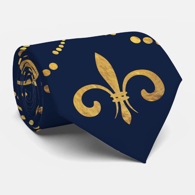 Gravata Padrão elegante de Fleur-de-lis - azul Dourado e p (Rolled)