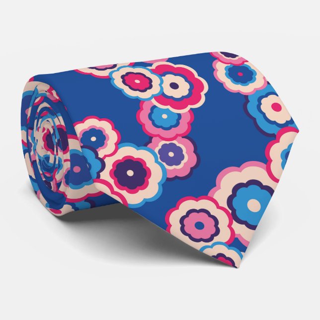 Gravata Padrão Floral 60s cor-de-rosa-azul retrô (Rolled)