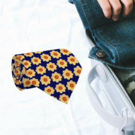 Gravata Padrão Floral Amarelo Dahlia no Marinho Azul
