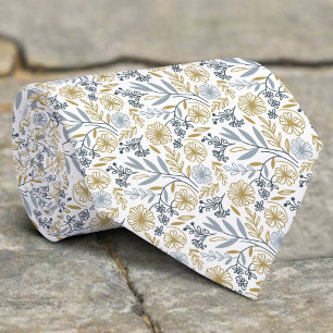 Gravata Padrão Floral Amarelo E Folhas Chic Casamento