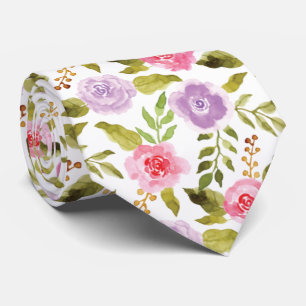 Gravata Padrão Floral Aquarela Vermelho e Roxo Bonito