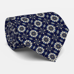Gravata Padrão Floral Art Déco em Azul Marinho, Azul, Dour