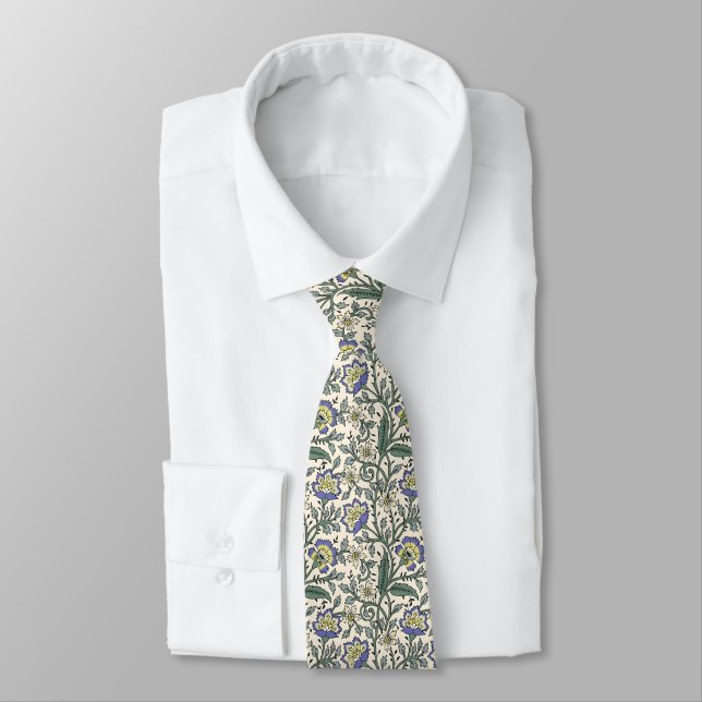 Gravata Padrão floral azul, amarelo e branco contínuo (Amarrado)