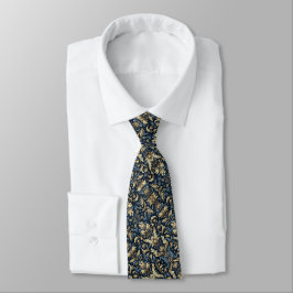 Gravata Padrão Floral Azul, Dourado e Preto