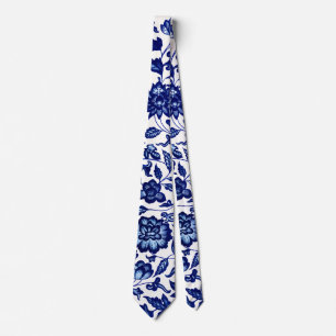 Gravata Padrão floral azul-marinho chinês em branco