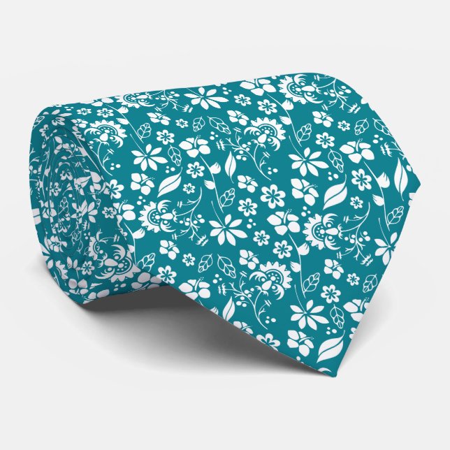 Gravata Padrão Floral Azul Turquesa Teal Moderno (Rolled)