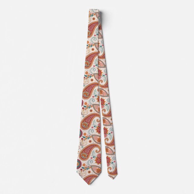 Gravata Padrão Floral Boho Paisley Branco Vibrante (Frente)