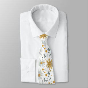 Gravata Padrão Floral Branco e Amarelo