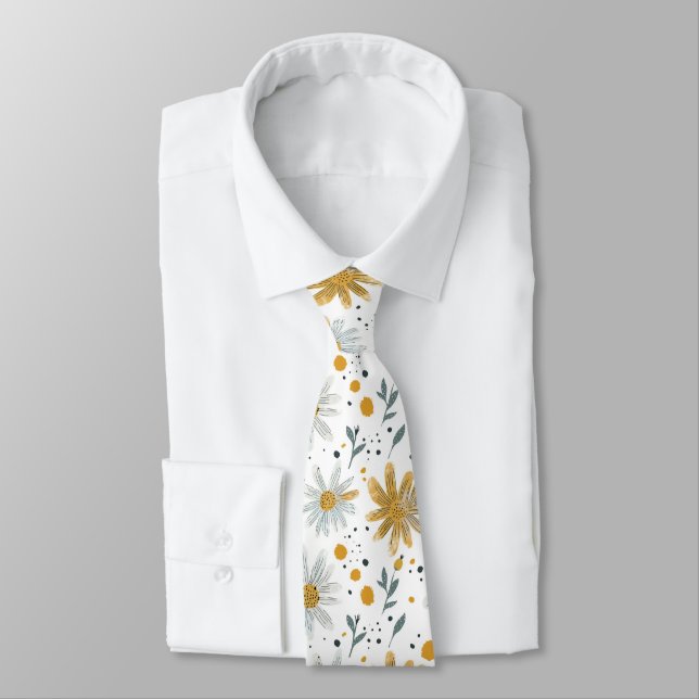 Gravata Padrão Floral Branco e Amarelo (Amarrado)