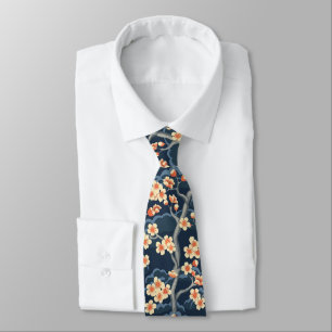 Gravata Padrão Floral Coral Creme Sakura Azul Marinho