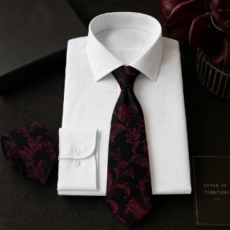 Gravata Padrão Floral Damask Sem Costura Preto Burgundy