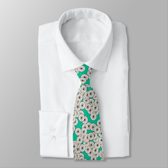 Gravata Padrão floral de Art Deco - branco em turquesa (Amarrado)