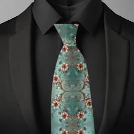 Gravata Padrão Floral de Cobre e Turquesa Elegante