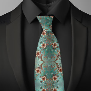 Gravata Padrão Floral de Cobre e Turquesa Elegante