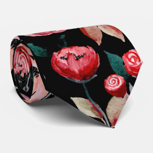 Gravata Padrão Floral de Cor da Água Preta da rosa vermelh