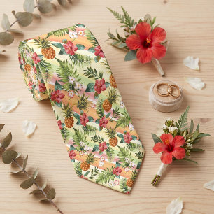 Gravata Padrão Floral de Fruta de Abacaxi Havaiano Tropica