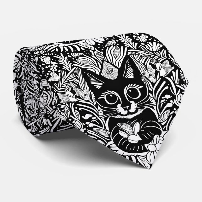 Gravata Padrão Floral de Gato Negro Artístico (Rolled)