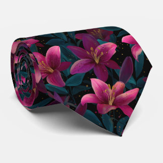 Gravata Padrão Floral de Lírio Rosa Elegante em Preto