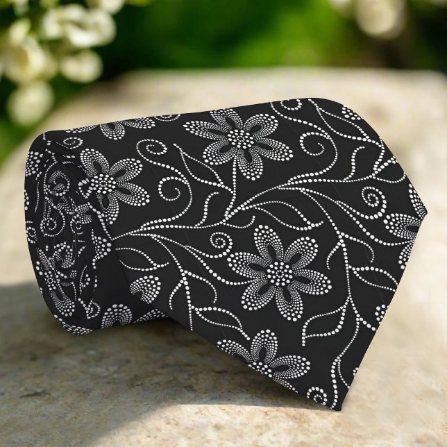 Gravata Padrão Floral de Luxo Elegante Preto e Branco (Criador carregado)
